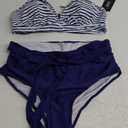 Daci Women Plus Size Two Piece Bikini Halter Swimsuits High Waisted Swimwear Tummy Control Bathing Suits Blue Stripe 16W Plus