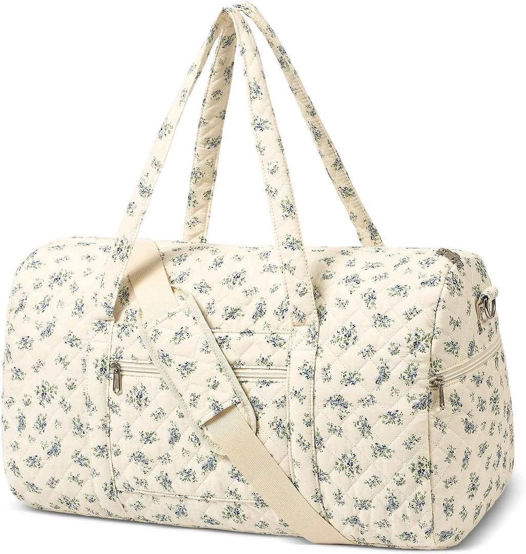 Gym Bag for Women, Cute Duffle Bag, Quilted Duffle Bag for Travel, Floral Duffle Bags, Weekend Bag with Zipper Pocket Dance Bag Organizer (Without shoe compartment, Quilted-Blue Flower)