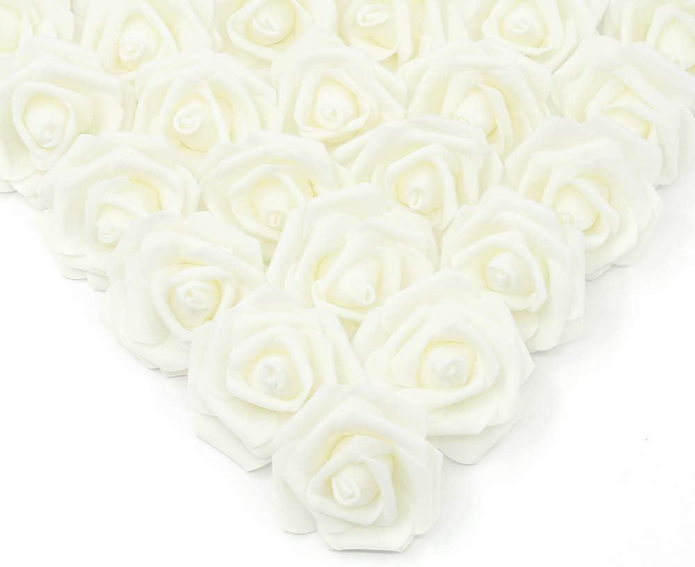 IPOPU Artificial Rose Flower Heads, 100 Pcs Real Looking Ivory White Foam Fake Roses for DIY Wedding Baby Shower Centerpieces Arrangements Party Tables Home Decorations (Ivory, Stemless)