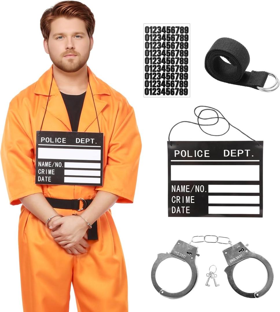 Inmate Costume Men, Orange Prisoner Costume Jail Jumpsuit Convict Outfits Halloween Costumes for Men (X-Large)