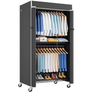 ULIFHOME P8C Heavy Duty Clothes Rack（With Extended Width Design） Rolling Clothing Racks for Hanging Clothes with Lockable Wheels，31.5" W x 15.8" D x 80.5" H，Max Load 600LBS，Black Rack with Black Cover