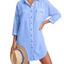 Breezy Lane Womens Swimsuit Cover Up Button Down Long Sleeve Beachwear Blue (M)
