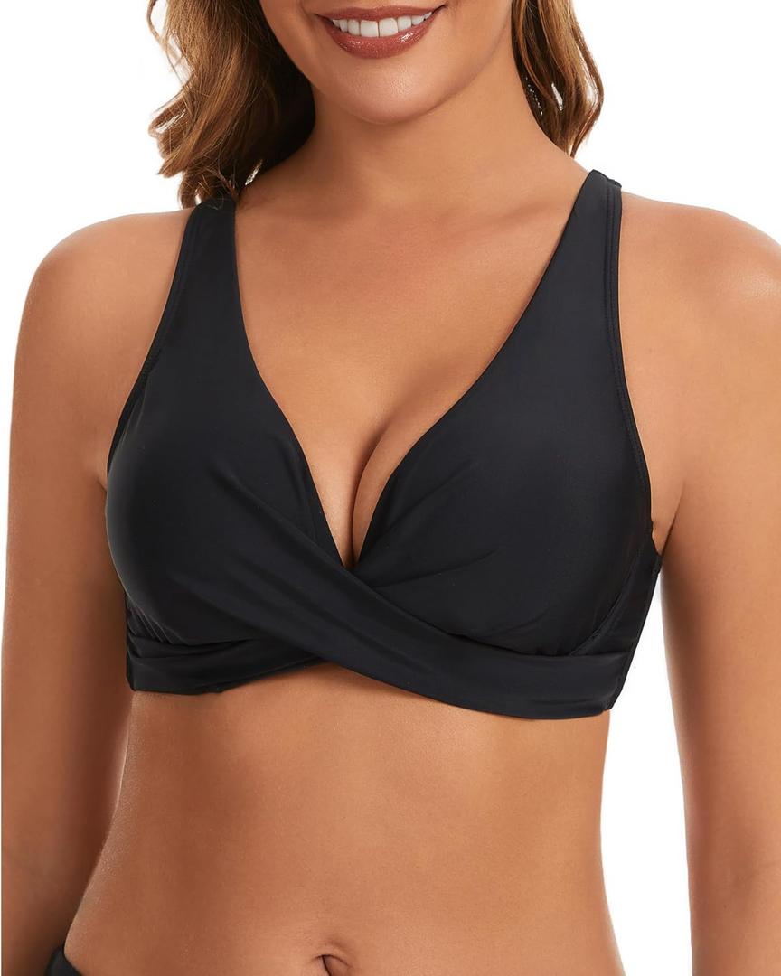 Womens Underwire Push Up Bikini Top Adjustable Wide Straps Cropped Tankini Swimsuit Top Only (Black, M)