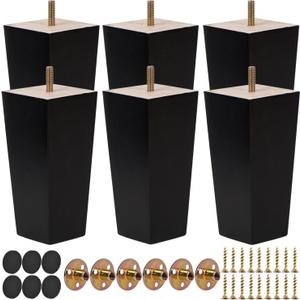 4 Inch / 10 cm Wooden Furniture Legs, Set of 6 Solid Wood Mid-Century Modern Pyramid Replacement Feets with 5/16 inch Bolt & Rubber Floor Protectors for DIY Ottoman TV Stand Black