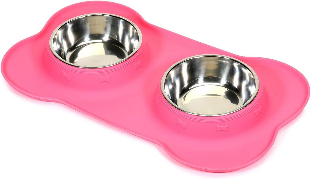 AsFrost Dog Food Bowls Stainless Steel Pet Bowls & Dog Water Bowls with No-Spill and Non-Skid, Feeder Bowls with Dog Bowl Mat for Dogs Cats and Pets-Pink, 24 0z in Total (1 Cup/12 oz each)