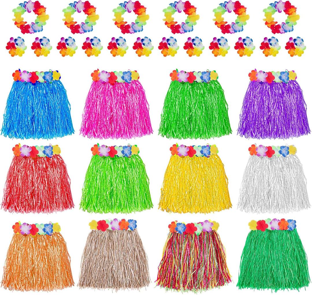 Garma Hawaiian Grass Skirts for Luau Party Set, 12PCS Hawaiian Luau Hula Skirts 12PCS Headbands and 24PCS Wristbands for Hawaiian Party Supplies Tropical Themed Decorations Festival