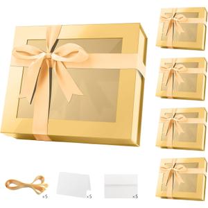 5 Extra Large Gold Gift Boxes with Windows, 16.3x14.2x5 Inches Clear Gift Boxes for Presents Contain Ribbons, Cards, Bridesmaid Proposal Boxes with Magnetic Lids (Glossy Gold)