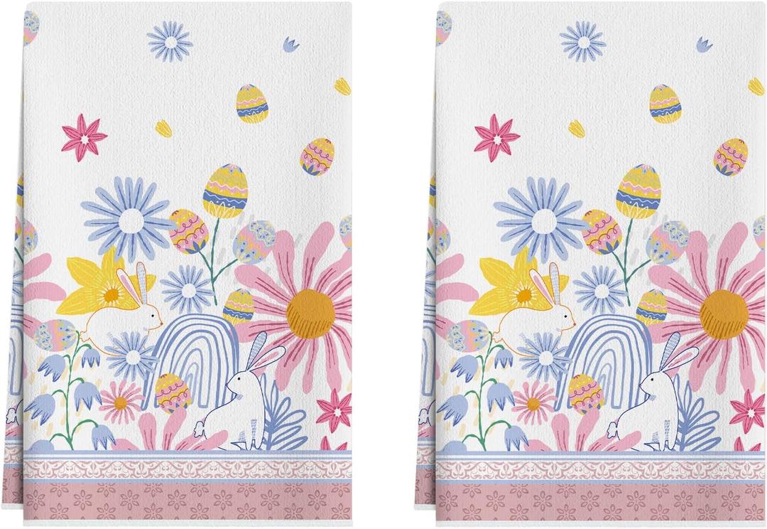 XCHI Flowers Bunny Eggs Rabbits Easter Kitchen Towels Dish Towels 18x26 Inch Home Kitchen Decorations Hand Towels Set of 2 Drying Dishcloth
