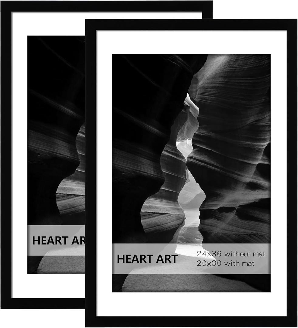 HEART ART 24x36 Poster Frame with Mat, Black Picture Frame, Display Pictures 20x30 with Mat or 24 x 36 Without Mat, Poster Frames 24 x 36 inches for Wall Mounting,2 Pack