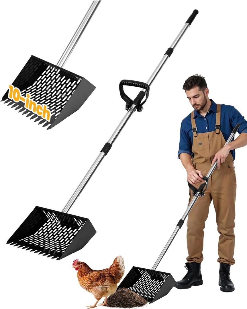 Chicken Poop Scooper & Rake 2-in-1 with Ergonomic Grip, Adjustable Length (22"61.5"), Metal Sifting Shovel with Holes for Chicken Coop Cleaning, Multifunctional Chicken Manure Scoop