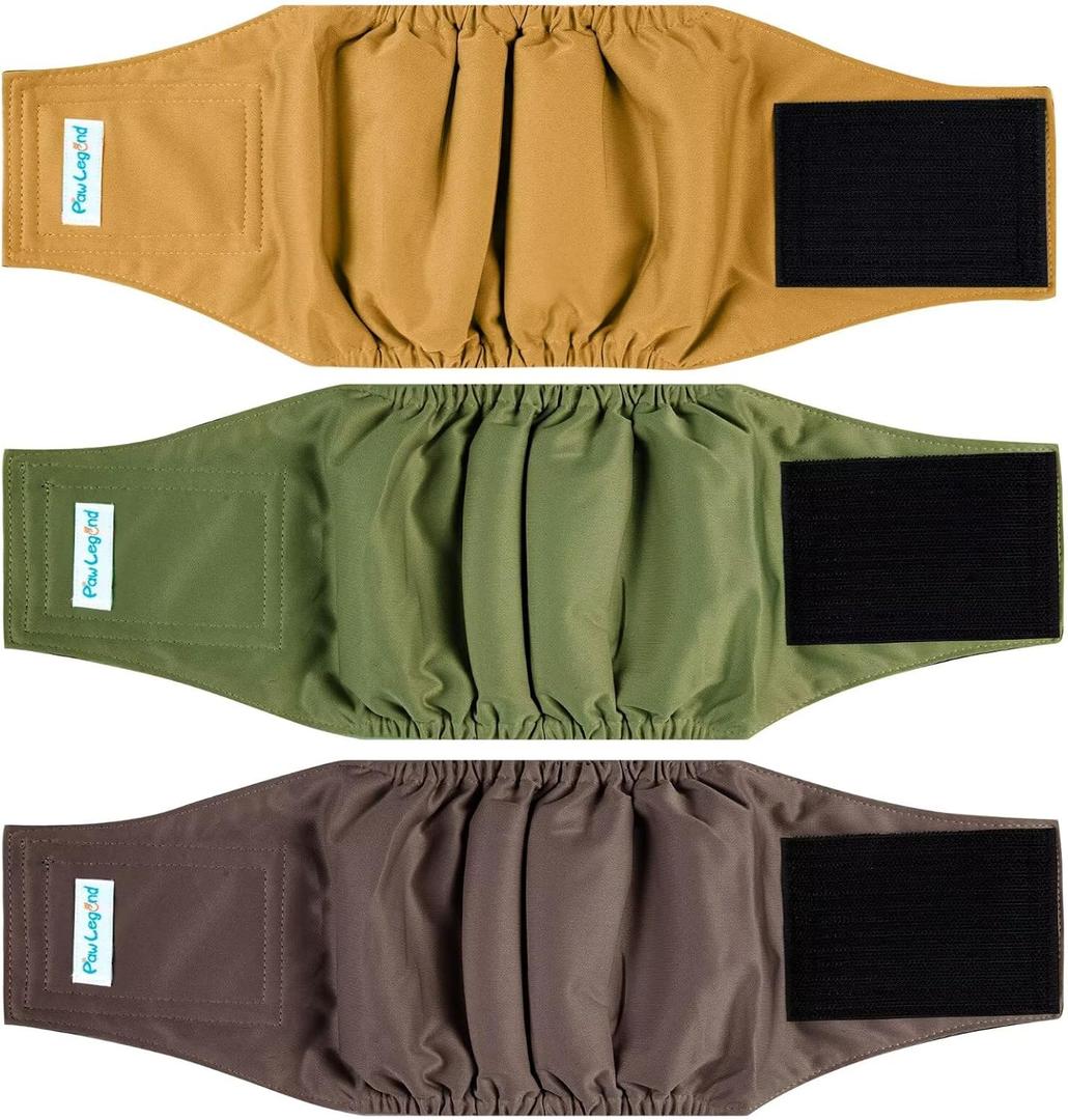 Paw Legend Washable Dogs Diapers Male Dog Belly Bands for Male Dogs Diapers Reusable Puppy & Doggie Diapers Male (3 Pack, Large) (Brown, Dark Green, Gold)