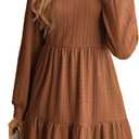 Dokotoo Fall Dresses for Women 2025 Long Sleeve V Neck Textured Casual Lightweight Tiered Ruffle A-Line Mini Baby Coll Dress (Brown) X-Large