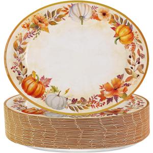 QIYANPAX Thanksgiving Paper Plates Large 9"x11" – Fall Watercolor Pumpkins Leaves Disposable Plates for Autumn Harvest Party, Dinner, Holiday Table Decor 25 PCS