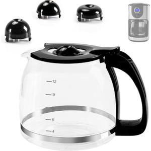 12-Cup Glass Carafe Replacement Pot for Mr Coffee, Black & Decker, Hamilton Beach, KitchenAid, Universal Coffee Maker Carafe Pot 12 Cup- 1.8L Coffee Pot with Handle & 3 Snap-On Caps in Different Sizes
