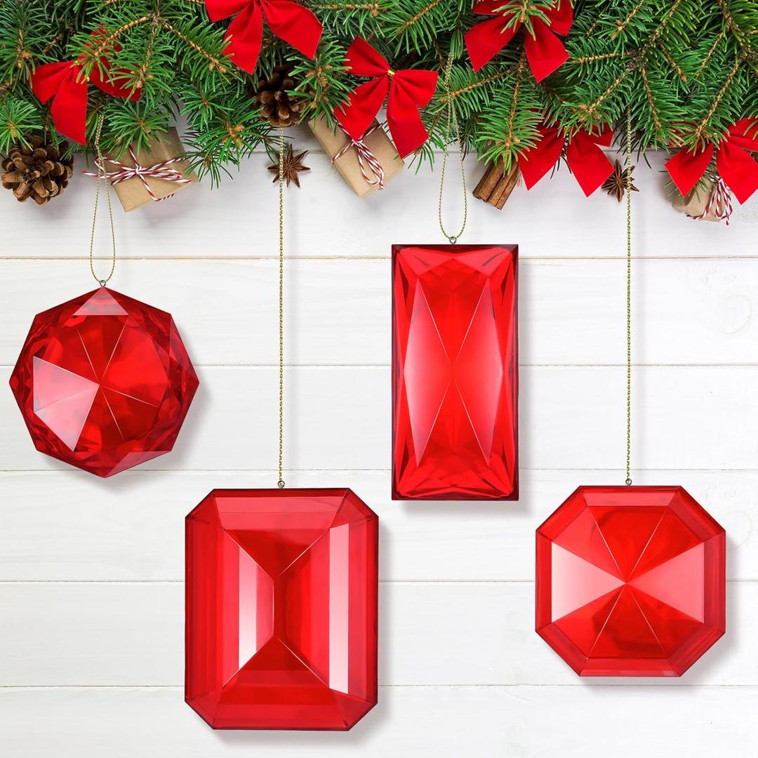 4 Pack Jewel Ornaments 3.9"- 6.2" Acrylic Rectangle Jewel Hanging Decors Christmas Tree Hanging Ornaments Glitter Xmas Rectangle Gemstones for Wedding Holiday Party Decor, (Red) 