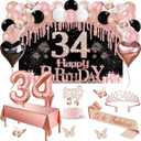 34th Birthday Decorations for Women, 49pcs Black Rose Gold Black Happy 34th Birthday Banner, Tablecloth, Butterfly Decor, Sash and Tiara, Cake Topper, Candles, Balloons Arch
