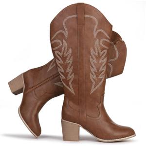 Women's Extra Wide Calf Cowboy Boots Embroidered Western Cowgirl Knee High Boots, 10 Brown
