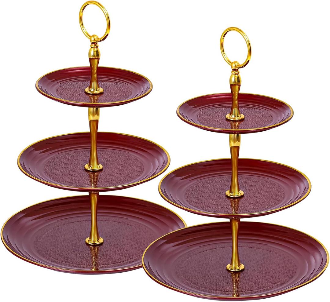 Soleebee 3-Tier Cupcake Stand, Round Plastic Tiered Serving Tray, Cup Cake Tower for Birthday Wedding Party Decoration, Cupcake Tier Stand Fruits Desserts Display 2 Pack (Burgundy Gold)
