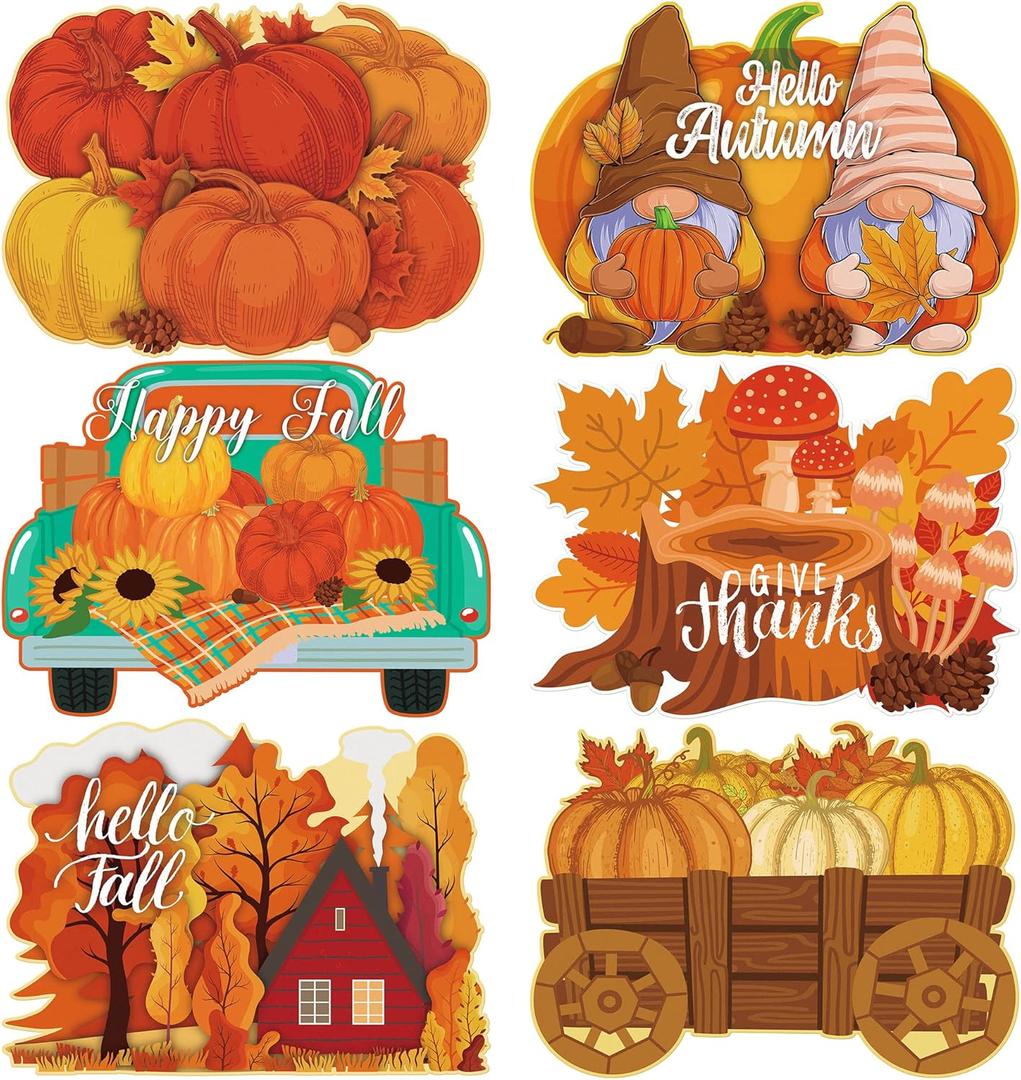 MCEAST 6 Pack Fall Pumpkin Plastic Placemats Autumn Harvest Plastic Waterproof Table Mats with Maple Leaves Gnome Turkey Design for Thanksgiving Party Supplies, 16 x 12 Inches