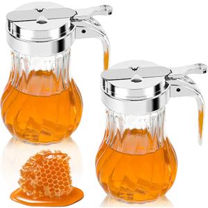 2Pcs 8oz Syrup Dispenser Honey Pot Glass Honey Dispenser Jar, Maple Syrup Dispenser, Honey Container, Commercial Quality With Handle Honey Dispenser for Home Kitchen Storage (2, Twill weave 2 Pack)