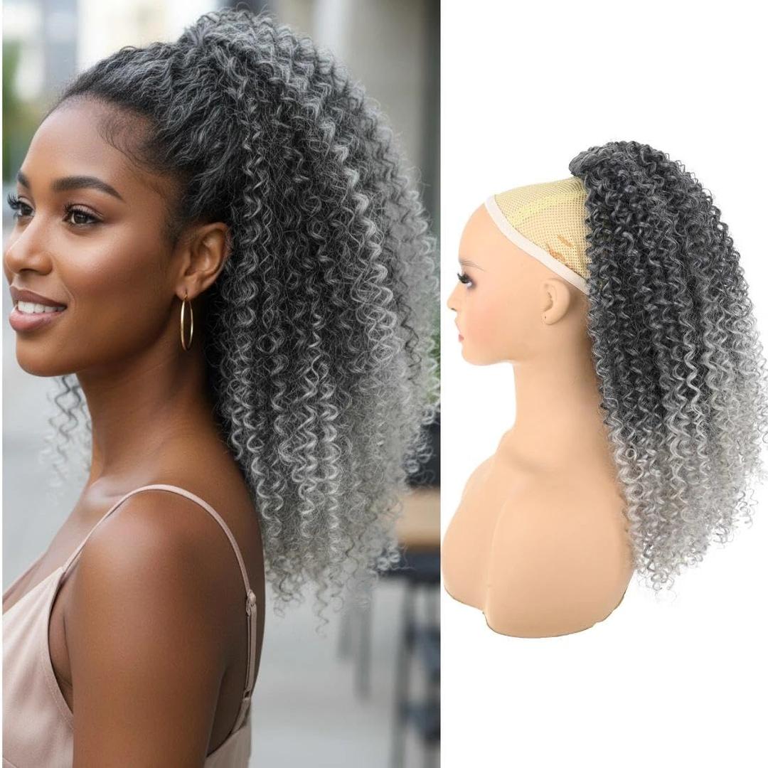 Long Curly Drawstring Ponytail for Women 22inch Synthetic Instant Clip Ponytail Extension Gray Afro Kinky Curly Hair Pony tail, T1B/Gray Salt and Papper Hair