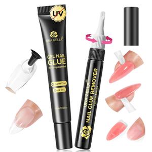 UNA GELLA 15g Semi Solid Nail Glue and 10ml Nail Glue Remover Kit for Press On Nails, No U V Light Needed Quick Dry Adhesive, Rotary Flow Control Debonder with Built-in Pry Bar Tip, 28+ Days Hold