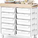 10 Drawers Rolling Cart with Wooden Tabletop, Utility Storage Cart with Wheels, Art Supply Craft Organizer on Wheel with Metal Frame & Handles for Home Office School (Pure White)