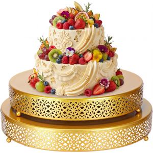 Wenqik 2 Pcs Gold Metal Cake Stand, 14" 16" Large Round Cupcake Stand | Elegant Gold Design,Create Elegant Looking,Dessert Table Cookies Fruit Cupcake Serving Tray,Wedding Birthday Party and Events
