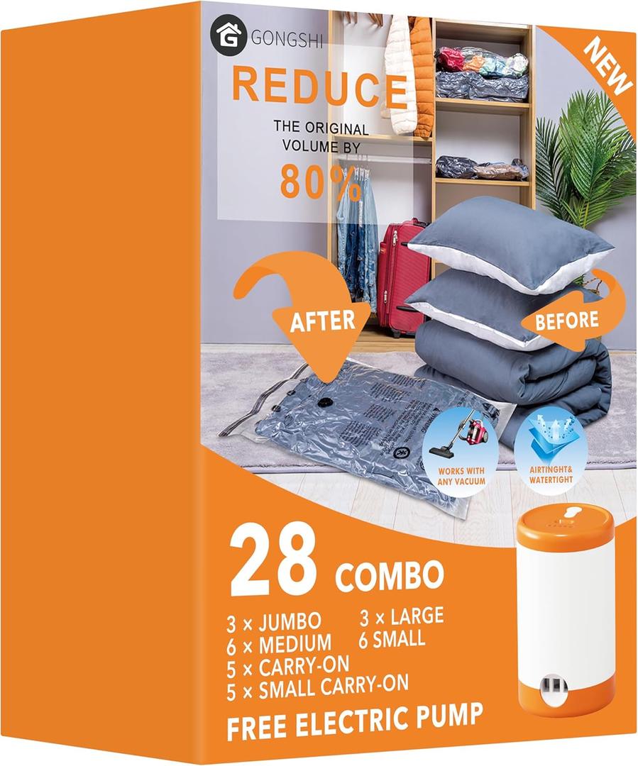GONGSHI Vacuum Seal Bags for Clothing Travel & Home Storage, Travel Vacuum Bags with Electric Pump,Space Saver for Blankets, Comforters, Pillows, Clothes,28 Combo