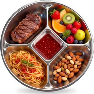 5 Compartments 8.5'' Stainless Steel Divided Plates for adults, Metal Dinner Plate Tray for Toddler/kids, Lightweight Reusable Dinnerware Portion Control-1pack