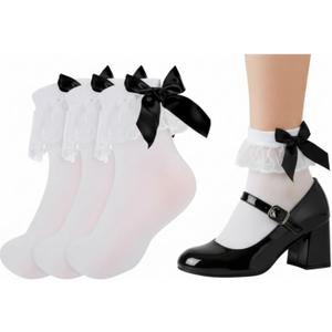 3 Pairs Women's White Ruffled Lace Frilly Anklet Socks White Bobby Socks with Retro Black Back Bow for Skirts (White)