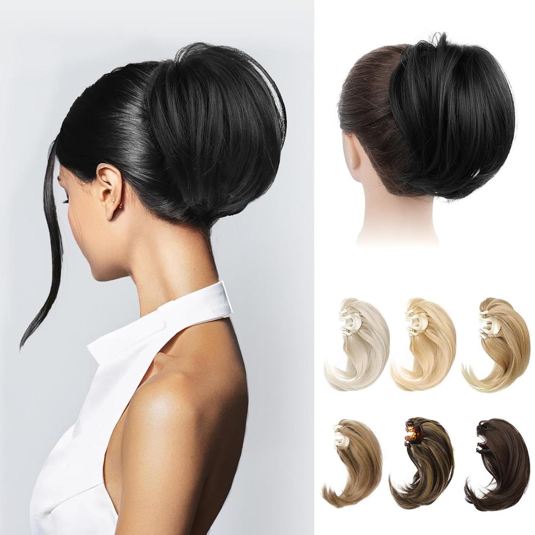 REECHO Ponytail Extension, 7" Mini Claw Clip in Ponytail Hair Extensions Short Natural Straight Wavy Messy Bun Hair Pieces for Women with Short Thin Hair - Black