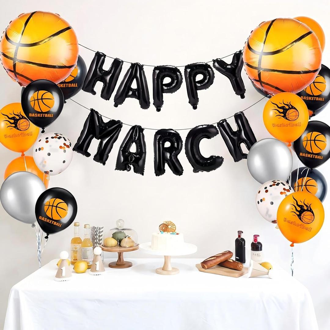 Soulchen 47 Pcs March Basketball Party Madness Decorations Balloons 16 Inch Happy March Banner 12/18 Inch Black Orange Metallic Silver Confetti Foil Balloon for Sport Birthday Party Supplies