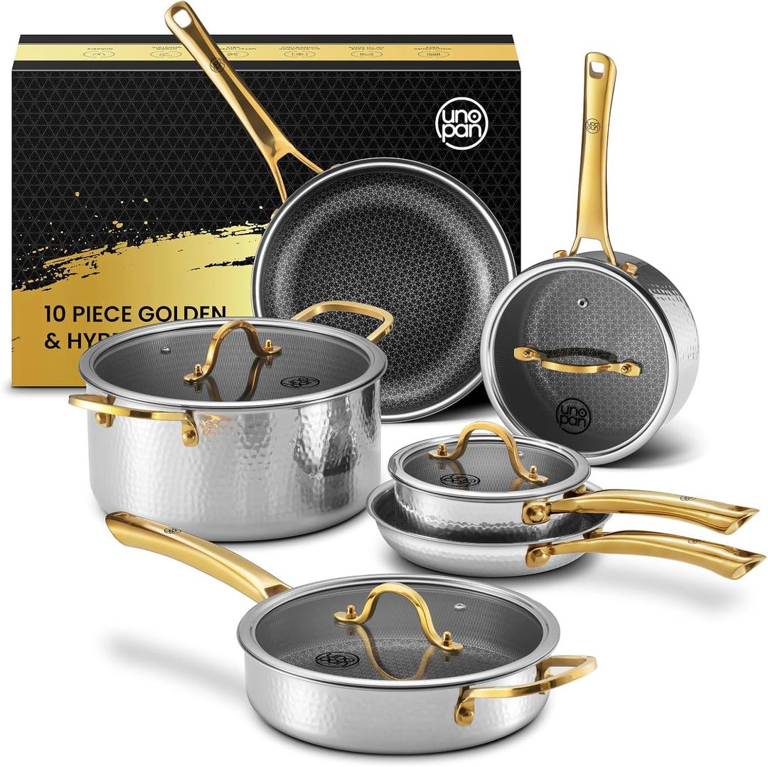 Gold Titanium Cookware set,Hammered Titanium pans for cooking with Lids, 10PC