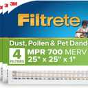 Filtrete 25x25x1 AC Furnace Air Filter, MPR 700, MERV 8, Tough on Pollen, Easy on Airflow, 3-Month Pleated 1-Inch Electrostatic Air Cleaning Filter, 4-Pack (Actual Size 24.81 x 24.81 x 0.81 in)