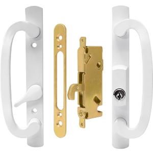 LWZH White Patio Sliding Glass Door Handle Set with Lock & Keys - Replacement Handle for Mortise Lock, Reversible Design, Fits 1-3/8" to 2-1/4" Thick Doors, 3-15/16" Hole Centers, 45 Keyway
