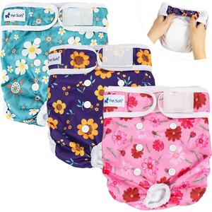 Pet Soft Washable Female Diapers (3 Pack) Female Dog Diapers, Comfort Reusable Doggy Diaper for Girl Dog in Period Heat (Cute Flower, XL)
