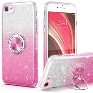 for iPhone SE 2020 Case Glitter,Slim Fit Sparkly Case with 360Ring Holder Kickstand Shock Absorbent Sturdy Glitter Cover,for iPhone 8/7/SE 2020/SE 3 2022 Cover for Girls,Pink