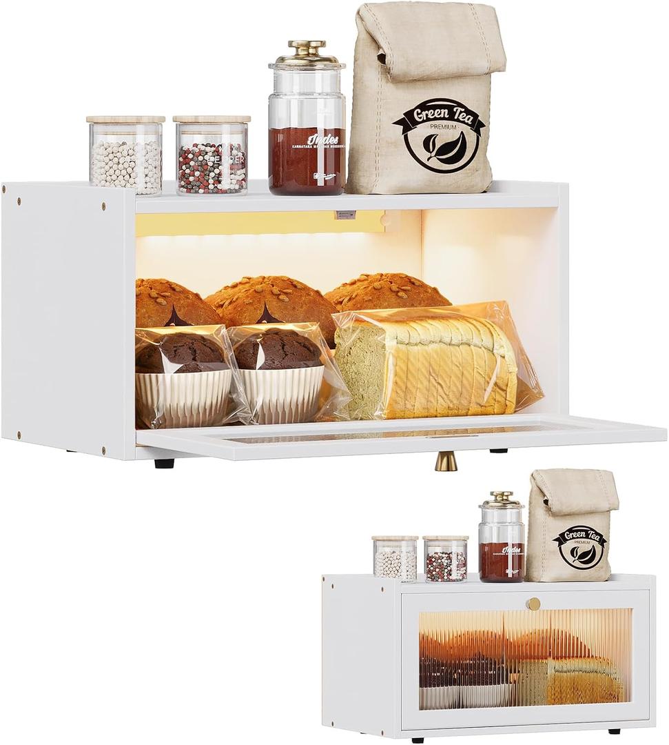 Trironsun Bamboo Bread Box with Led Light for Kitchen Counter Large Capacity Bread Storage Container Kitchen Countertop Organizer with Window Bread Holder (Whiite)