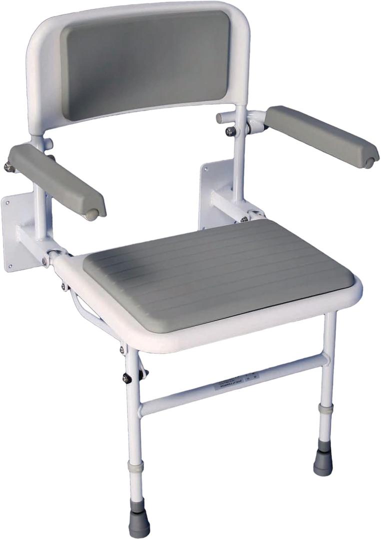 Wall Mounted Foldable Shower Seat with Independently Folding Padded Arms, Back & Seat – Ideal for Seniors, Elderly, Pregnant Women, and Disabled Individuals – Adjustable Height for Customized Comfort