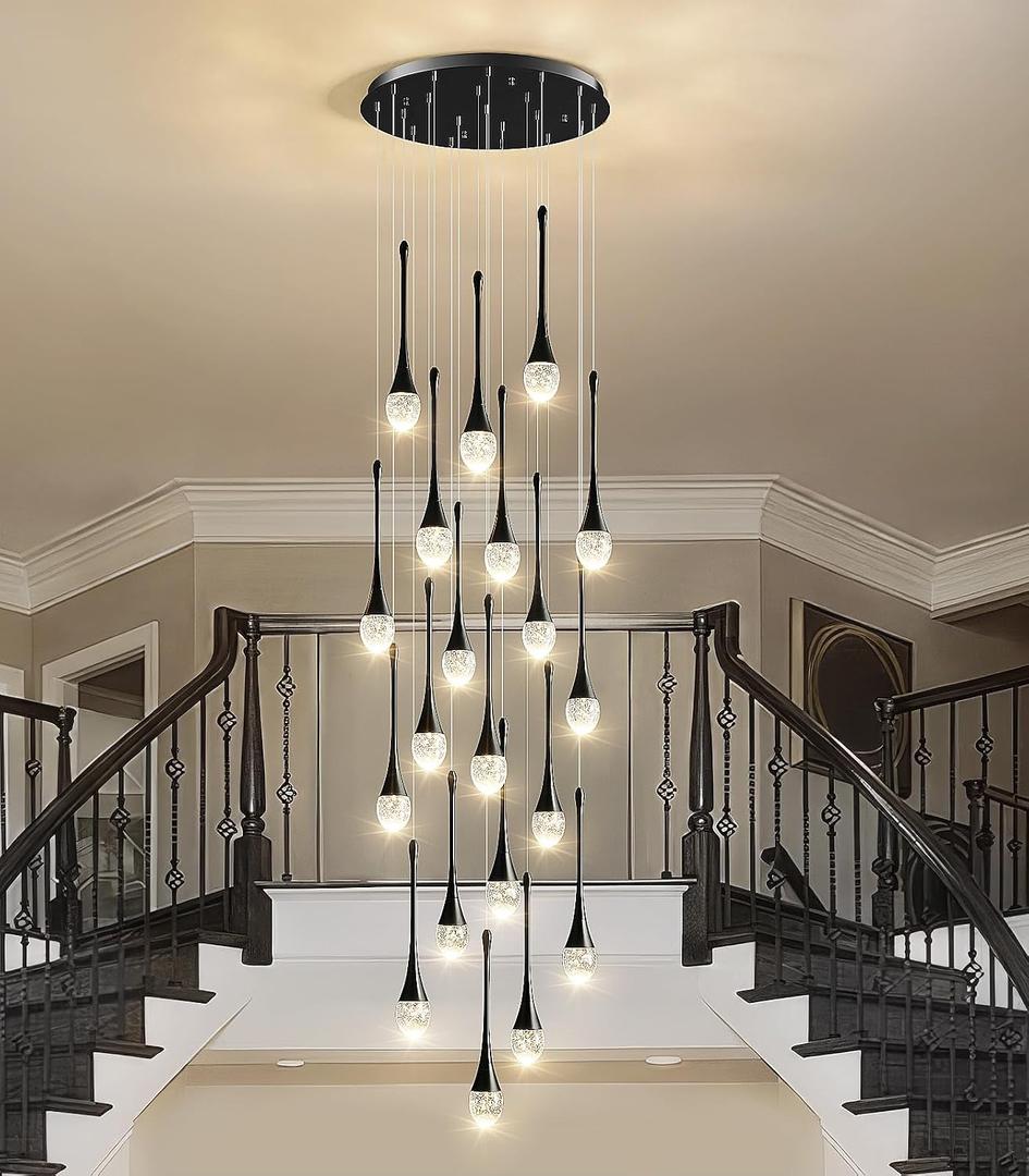 Raindrop Crystal Chandelier High Ceiling: 20 Light Dimmable LED With Remote, 
23.6"L x 23.6"W x 157"H
