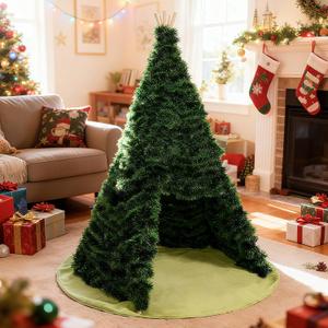 Christmas Teepee Tent for Kids Play with Padded Mat and 344 Ft Green Tinsel Garland, Indoor DIY Xmas Tree House Suitable for Festive Decorations, Family Party and Weddings