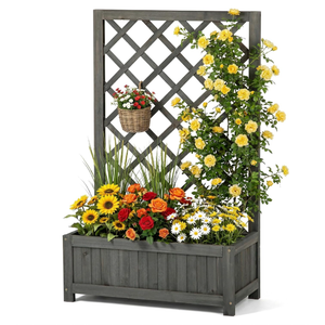 Wooden Raised Garden Bed with Trellis, 40" Outdoor Planter Box for Climbing Plants, Vertical Modern Gray Garden Planter for Vegetables, Flowers & Vines, Lattice Plant Support for Patio Yard Balcony