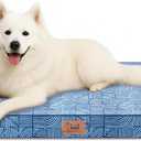 Outdoor Large Washable Dog Bed, Orthopedic Egg Crate Foam Dog Crate Mat for Large Dogs with Removable Oxford Cooling Cover, White Blue