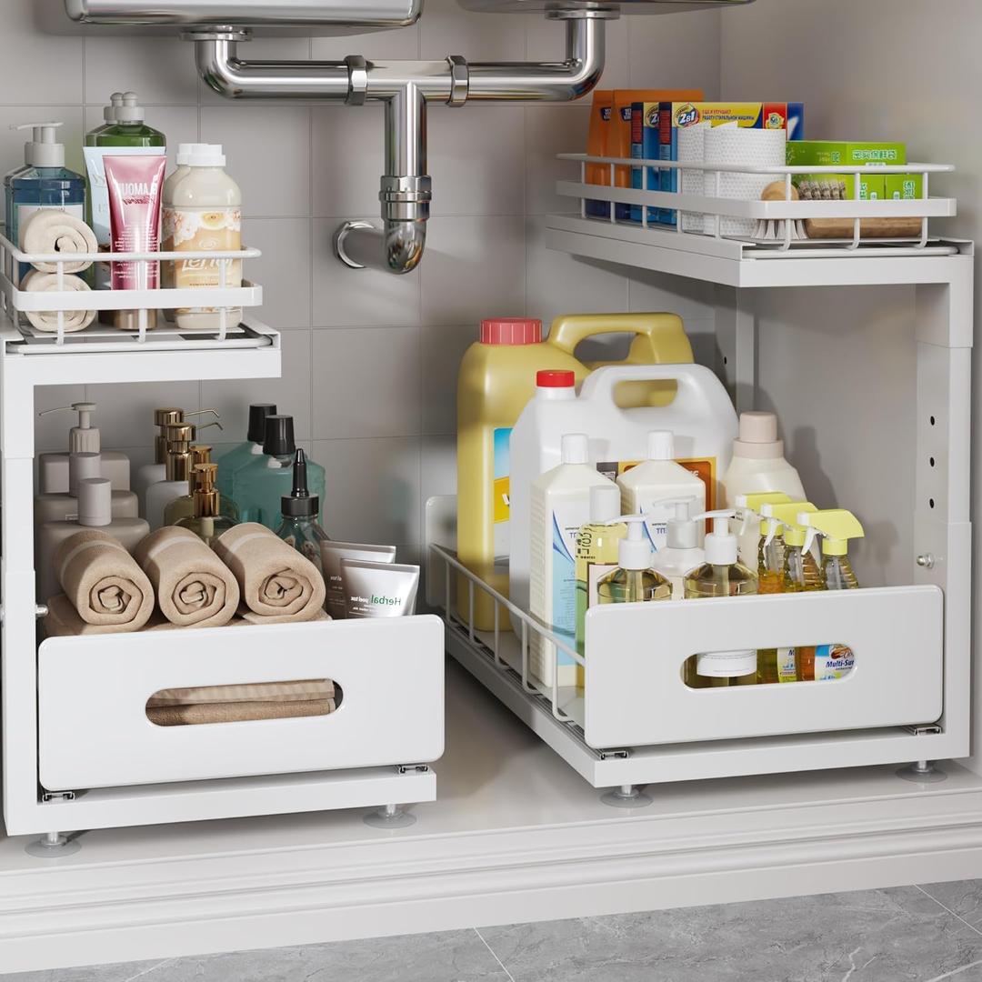 2 Pack Under Sink Organizer with Smooth Ball Bearing Slides, 2-Tier Pull Out Cabinet Storage, Slide Out Drawers for Bathroom and Kitchen, Under Sink Shelf, Rust-resistant Coating, Height Adjustable (2 Pack-14.5"Dx12.8"-16.9"H, White)