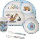 Kids Feeding Set 5 Pcs, Tableware Set for Toddlers Includes Plate Bowl Cup Fork and Spoon Utensil Flatware, Kids Flatware Set Dishwasher Safe, BPA Free (Construction)