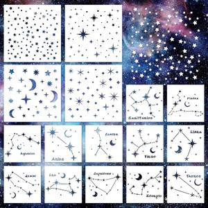 Keluna Star Stencils for Wall Decor - 16 Pcs Reusable Star Moon Zodiac Constellation Stencils for Wood, Canvas, Furniture