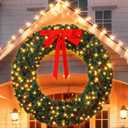 60 Inch Large Prelit Christmas Wreath with 300 Warm White String Lights 8 Lighting Modes Artificial Outdoor Xmas Wreath with 580 PVC Tips Bow Pine Needles Pinecones and Berries Door Decorations