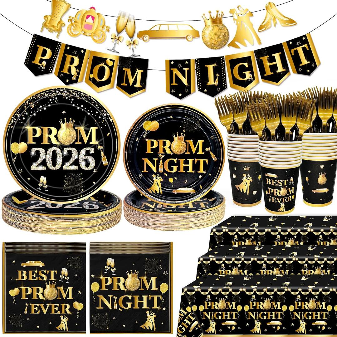 2 x 179Pcs Prom Decorations 2026 Prom Plates and Napkins 2026 Prom Send Off Decorations 2026 Black and Gold Prom Party Decorations with Prom Night Banner for Home