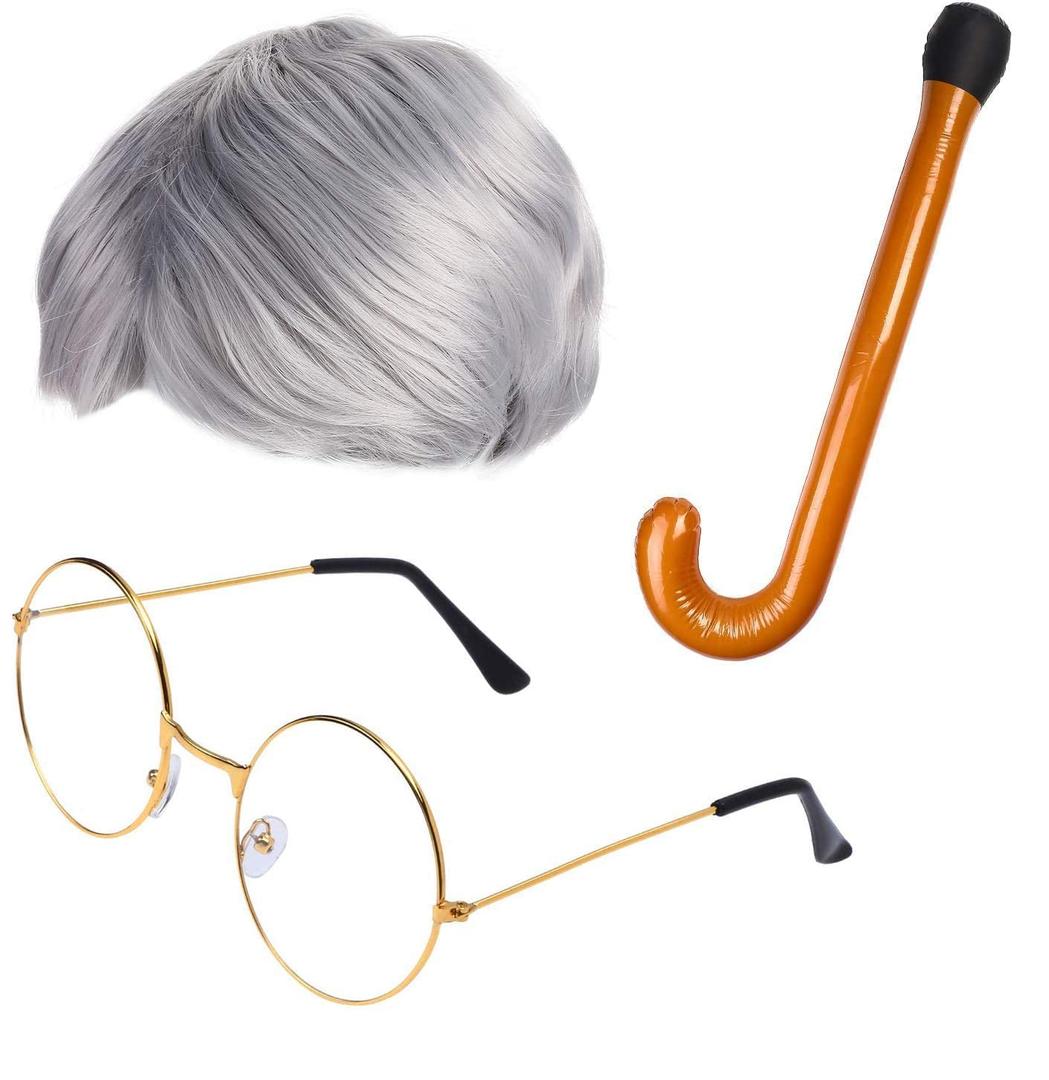 Beefunny Old Man Wig and Glasses Grandpa Costume Accessories Inflatable Walking Cane 100th Day of School Starter Kit (Silver)